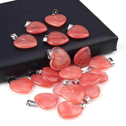 LE SKY 20 Pcs natural stone pendants heart shape healing stone charms for jewelry making - color: watermelon red stone