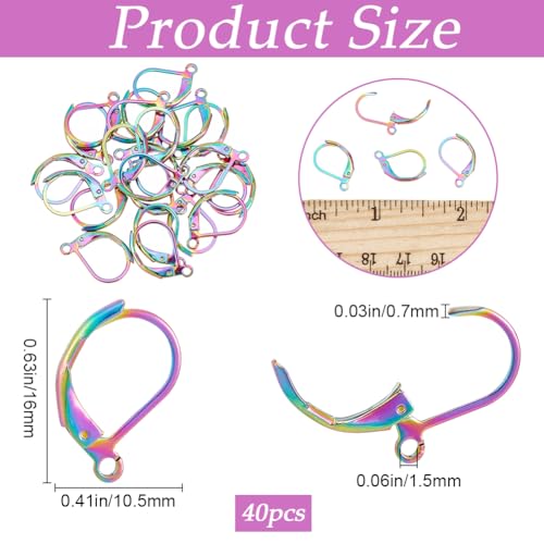 1 Box 40Pcs Leverback Earring Findings Stainless Steel Earring Hooks Bulk French Wire Rainbow Color Lever Back Small Huggie Earring Hooks for Jewelry Making Supplies DIY Craft Women Beginner
