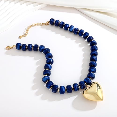 Gold Heart Pendant Necklaces for Women Colorful Acrylic Resin Beaded Choker Necklace Fashion Chunky Statement Beaded Heart Necklace - color: Blue