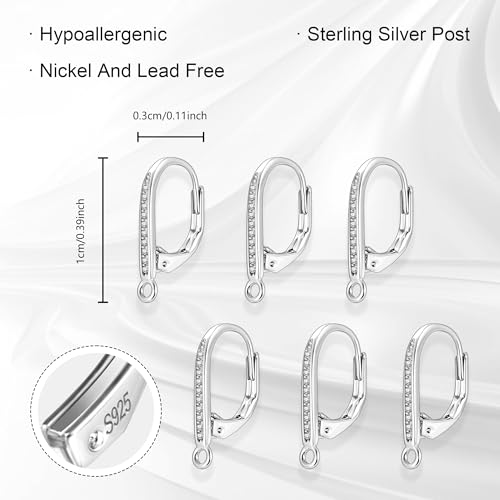 Sterling Silver Leverback Earring Hooks, 6Pcs Hypoallergenic Earring Hooks French Huggie Hoop with Zirconia 925 Sterling Silver Findings Leverback Dangle Ear Hook Replacement Set Making Supplies - color: 6PCS_Silver