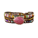 YGLINE Women Boho Handmade Natural Stone Crystal Leather Bead Wrap Bracelets Collection - color: Rhodochrosite 4-3w