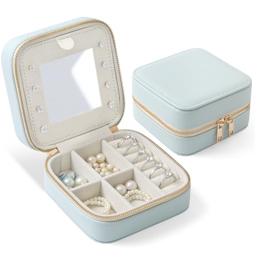 Genuine Leather Travel Jewelry Organizer Case with Mirror for Women, Small Mini Portable Jewelry Box for Ring Earrings Necklace Bracelet Luxury Gift for Women（Light Blue） - color: Lychee Grain Leather Light Blue