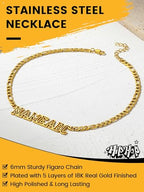 GoldChic JEWELRY Name Necklace Personalized for Men, Womens Custom Name Plate Chain, Stainless Steel Customized Old English Nameplate Choker with Curb Chains Custom, 16 inches to 30 inches - color: Figaro Chain 6 mm - Gold