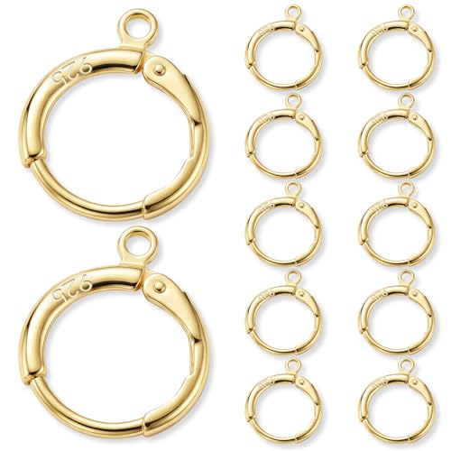 JUNCHONG 12Pcs Earring Hooks, Round Small Huggie Hoop with Loop Ear Leverback Hooks, Hypoallergenic 14mmx2mm Earring Findings for Jewelry Making, Gold - color: Gold