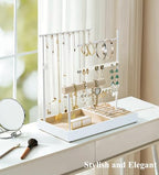 Emibele Jewelry Holder, Jewelry Organizer Stand Necklace Earring Bracelet Holder, 5 Tier Jewelry Display Tower Rack with Metal Frame and Velvet Ring Tray, Aesthetic Jewelry Stand Gift for Women, White - color: White