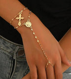 YEEZII Gold Hand Chain Bracelets for Women, 2 Pcs 14k Gold Plated Cubic Zirconia Link Chain Bracelet Set, Trendy ring bracelet hand chain Jewelry for Her - color: Gold-E