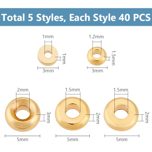 PH PandaHall 200pcs 18K Gold Spacer Beads 5 Styles Metal Heishi Beads Flat Round Spacer Beads Disc Beads Long-Lasting Loose Beads for Surfer Stackable Necklace Layered Bracelet Jewelry Making 3/5mm