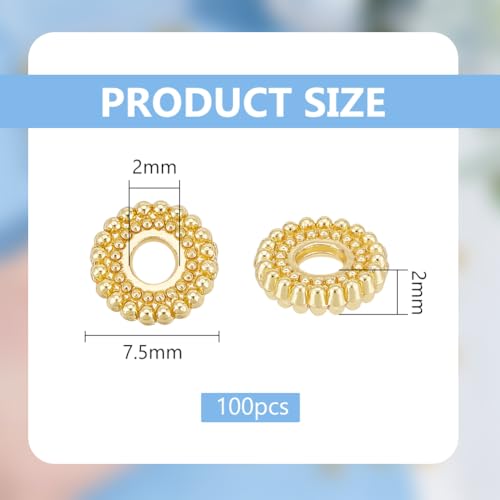 BENECREAT 100Pcs Real 18K Gold Plated Spacer Beads, 7.5x2mm Flower Metal Spacer Beads Heishi and Rondelle Bead for Jewelry Making Findings and Craft Work, Hole: 2mm