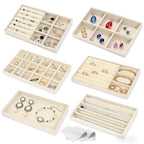Velvet Jewelry Organizer for Drawer, 6-Piece Stackable Jewelry Trays with Removable Dividers, Drawer Organizer Inserts Set with 2 Cleaning Cloths for Women Dresser Vanity, Beige
