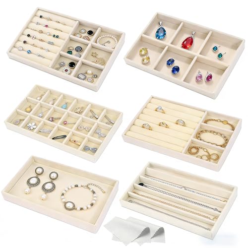 Velvet Jewelry Organizer for Drawer, 6-Piece Stackable Jewelry Trays with Removable Dividers, Drawer Organizer Inserts Set with 2 Cleaning Cloths for Women Dresser Vanity, Beige