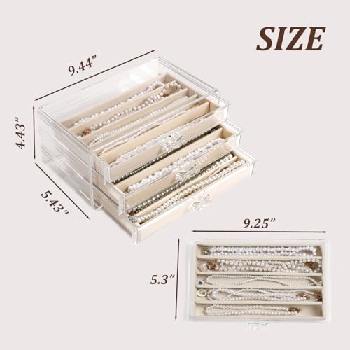 CLUQMEIK Necklace Organizer Box with Clear Lid, Dustproof Velvet Jewelry Holder Storage Display Case, Stackable Acrylic Necklace Tray Drawer Insert for Women and Girls (Beige,3 Drawers) - color: BEIGE-3Layer