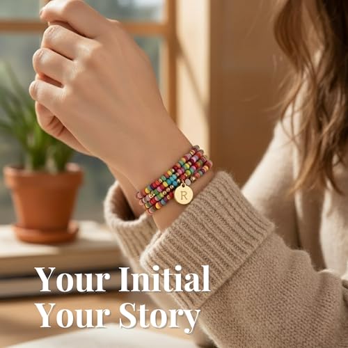 Set of 4 Colorful Bead Initial Bracelets, Personalized Stackable Jewelry, Adjustable Stretchy Charm Bracelets for Women, Beaded Bracelet Set, Trendy Custom Jewelry Gift - style: Colorful Bead - R