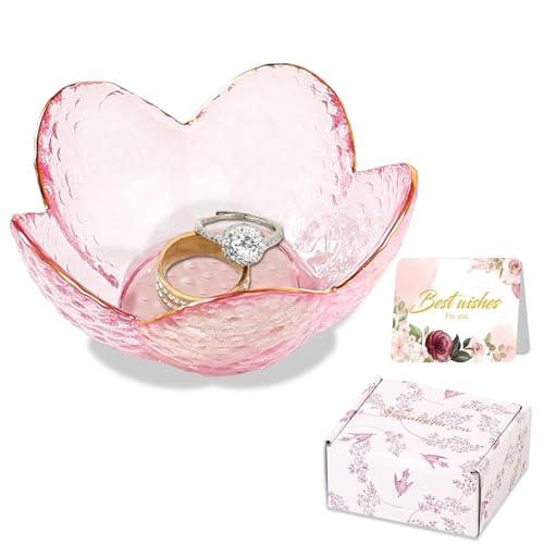 Gifts for Women Pink Flower Ring Dish Glass Jewelry Dish Jewelry Tray Cute Vanity Organizer Room Decor Aesthetic Nightstand Bathroom Decor Trinket Dish Ring Holder Dish Jewellery Tray Valentine's Gift - color: Golden-edged pink
