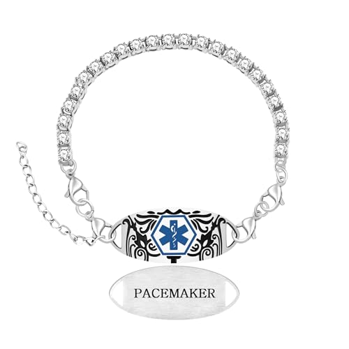 Women's Medical ID Bracelet with White Zircon Tennis Chain, Interchangeable Engraved Plate, Adjustable Lobster Clasp, Lightweight, Hypoallergenic, for Running, Outdoor, Daily Wear - color: Blue-PACEMAKER