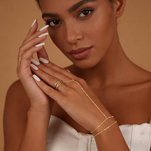 Gold Bracelets for Women Trendy, Dainty Gold Hand Chain Bracelet Stack 14k Gold Plated Finger Ring Bracelet Hand Chain Cz Layered Beaded Gold Bracelets for Women Non Tarnish Gold Jewelry Gift - style: layered satellite bracelet-gold