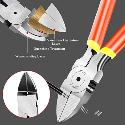 MONVICT Wire Cutters, 6 inch Precision Flush Side Cutters with Longer Cutting Edge Ultra Sharp & Powerful Heavy Duty Pliers, Ideal for Cables, Wires, Zip Ties, Electrical & Any Clean Cut Needs - color: 6"- Pack 1