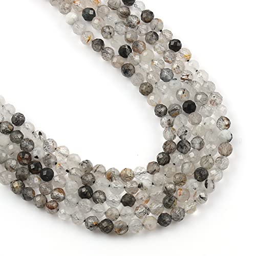 Song Xi 90pcs 4mm Natural Black Rutilated Quartz Gemstone Beads Faceted Round Loose Stone Beads for Jewelry Making - color: Black Rutilated Quartz, size: 3.7-4.2mm