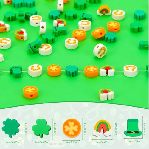 300pcs St. Patrick's Day Polymer Clay Beads Green Shamrock Hat Coins Rainbow Clay Spacer Beads for St. Patrick's Day Jewelry Making DIY Bracelet Necklace Accessories Craft Supplies - color: Green Gold
