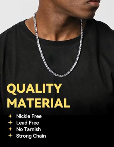 ChainsHouse Flat Box Chain Necklace Men, 2/4/6/8mm Round Link Chain Necklaces, Stainless Steel/Black/14K Gold Plated Mens Jewelry, 14"-30" Length, Come Gift Box - color: A-6mm-stainless, size: 22 Inches