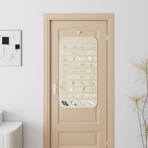 1 Pack Hanging Jewelry Organizer 80-Pocket Dual-sided Jewelry Storage for Earring Necklace Bracelet Ring Travel Holder, Beige - color: Beige