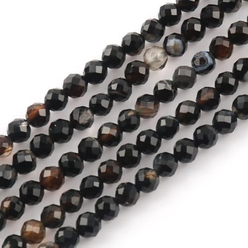 120pcs 3mm Natural Black Striped Agate Gemstone Beads Faceted Round Loose Stone Beads for Jewelry Making (1 Strand) - color: Black Striped Agate, size: 2.8-3.3mm