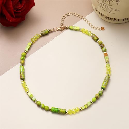 Elisheva Natural Stone Choker Necklace for Women, Boho Natural Emperor Jasper Stone Lace Agate Beaded Crystal Necklace, Gemstone Jewelry Gift for Her - style: Green/Choker