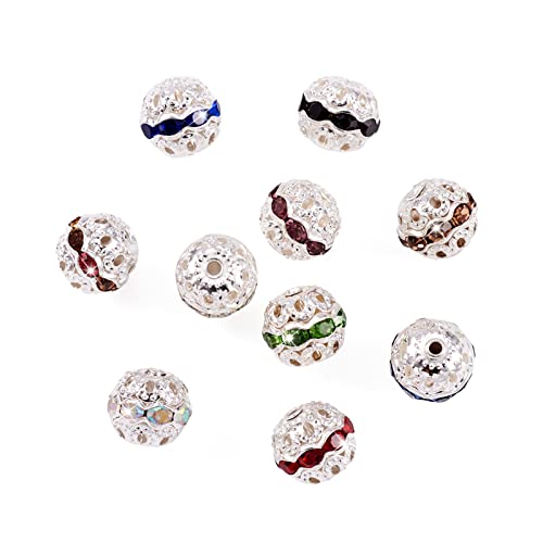 Craftdady 100pcs Alloy Rhinestone Disco Ball Rondelle Loose Spacer Beads 10mm Round Hollow Crystal Rhinestone Bracelet Connector Beads for Necklace Earring Jewelry Craft - color: Mixed Color-10mm