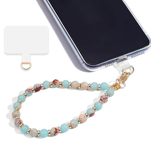 Marble Beaded Phone Wrist Strap,Detachable Phone Bracelet Strap with Tether Tab,Hands-Free Wristlet Strap (Green Shoushan) - color: Green Shoushan