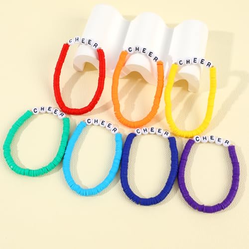 Rainbow Heishi Surfer Bracelets Set for Women Stackable Clay Beaded Bracelets Disc Stretch Preppy Bracelets Layering Colorful Friendship Bracelets Team Cheer Bulk Boho Summer Beach Jewelry Gift - style: CHEER