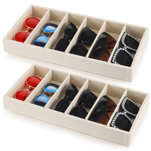 2 Pack Sunglasses Organizer Tray 6 Grid Jewelry Glasses Holder Storage Organizer Drawer Eyeglasses Sunglasses Display Velvet Tray for Women Glasses Jewelry Display Watch (Beige)