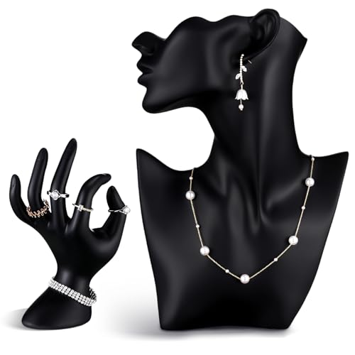 Yalikop 2 Pcs Resin Jewelry Mannequin Display Set Including Boutique Bust Holder and Hand Ring Holder Necklace Stand Display Earring Holder Organizer for Bracelets Pendant Shows Selling (Black) - color: Black