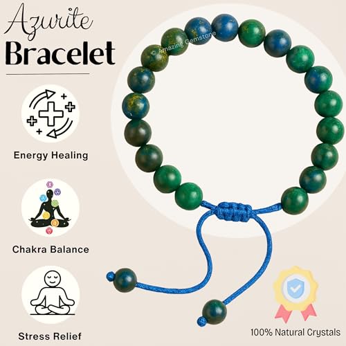 Amazing Gemstone Azurite Bracelet for Women Men's Gifts - Protection Healing Crystal Bracelet - 8mm Gemstone Beaded Adjustable Bracelet Pulseras Para Hombres Mujer Stocking Stuffers - color: Azurite