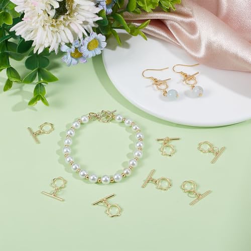 Beebeecraft 1 Box 10Pcs Toggle Clasps T-bar Closure Connectors Real 18K Gold Plated Flower Shape OT Toggle Necklace Fastener Clasp Buckle Link Findings for Jewelry Making Pendants Bracelets - color: Gold