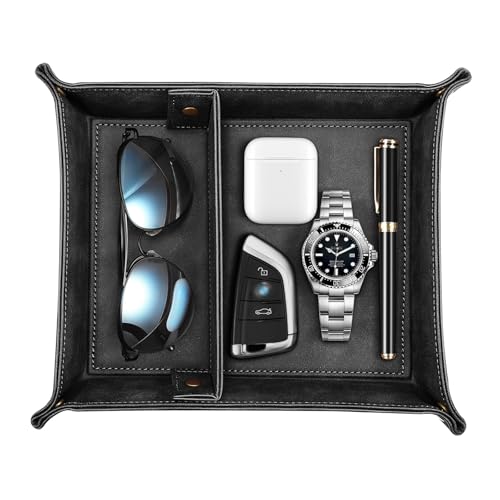 SITHON Valet Tray Desktop Storage Organizer, Removable 2 Compartments Catchall Tray Bedside Vanity Nightstand Caddy Holder Desk Storage Plate, Black - color: Black