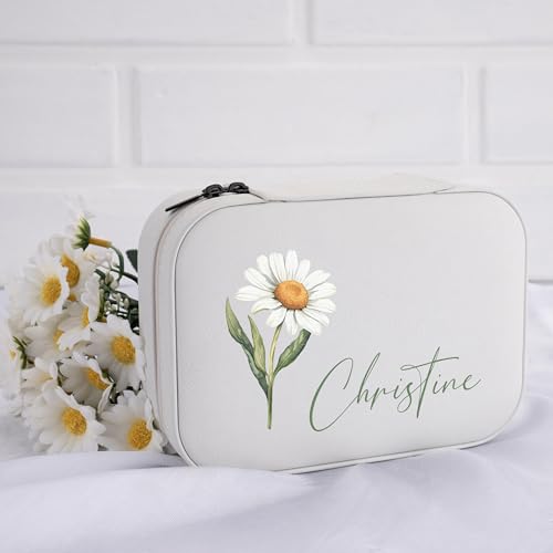 Custom Leather Jewelry Box with Name & Birth Flower Month, Birthday Gifts for Women, Personalized Jewelry Travel Case - Customized Jewelry Organizer Box, Mom Birthday Gifts, Chestnut - color: Chestnut