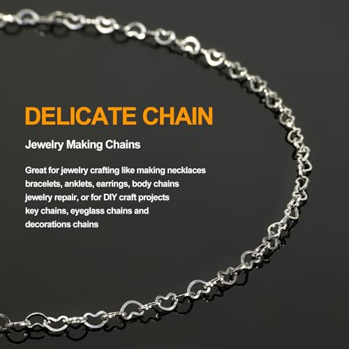 KYUNHOO 16.4FT/5M Stainless Steel Silver Chains for Crafts DIY Supply Jewelry Findings Hollow Heart Chain for Jewelry Making with Lobster Clasps Jump Rings - color: Heart Silver