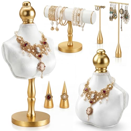 AceOrbit 7 Pcs Jewelry Display Set, Velvet Jewelry Mannequin Display, T-bar Bracelet Holder, Earring and Ring Finger Stand