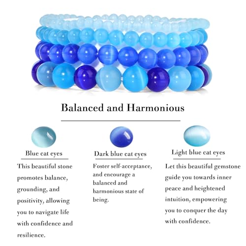 Vinswet 4pcs Beaded Bracelets for Women,Natural Healing Crystal Gemstones Bracelet,Anxiety Stress Relief Bracelet Handmade purple Jewelry Gifts for Women - color: Light blue cat eyes&Blue cat eyes&Dark blue cat eyes