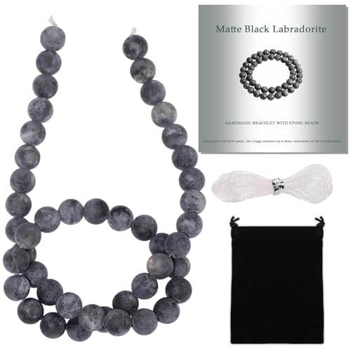 Stone Beads, 45pcs Matte Black Labradorite, 8mm Round Loose Beads for Jewelry Making, Bracelets, with Bag, String & Card - color: Matte Black Labradorite, size: 8mm