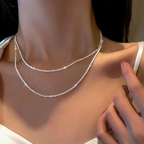 Gold Layered Necklaces for Women, 14K Gold Plated Dainty Gold Chain Choker Necklace Stack, Herringbone Gold Necklaces Set - color: silver-2-Shiny