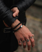 Forge & Foundry Men’s Matte Black Solid Onyx Beaded Bracelet | 10mm, 8mm, 6mm Bead Size Options | Signature Stainless Steel Engraved Bead | Andalus - color: 8mm Gold, size: Large