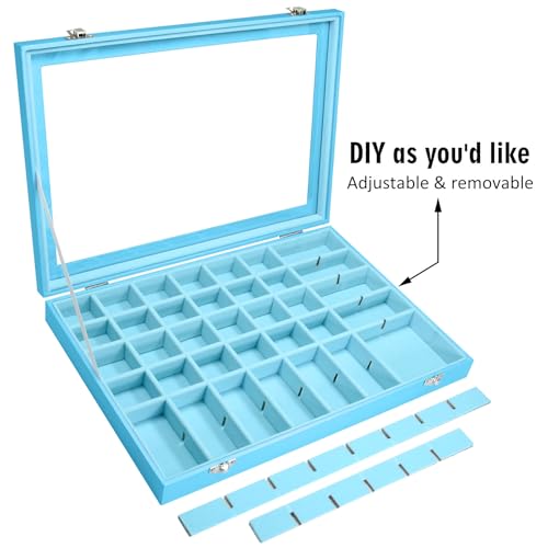 Siveit Jewelry Tray Organizer Box 48 Grid Jewelry Display Organizer Box with Transparent Lid Rings Earrings Necklaces Pendants Display Box Suitable for Women and Girls (48 Grid, Sky Blue) - color: Sky Blue
