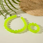 Colorful Chunky Beaded Necklace for Women Acrylic Bead Choker Necklaces Fashion Large Round Beads Necklaces for Women Handmade Summer Jewelry - color: Green bracelet + necklace