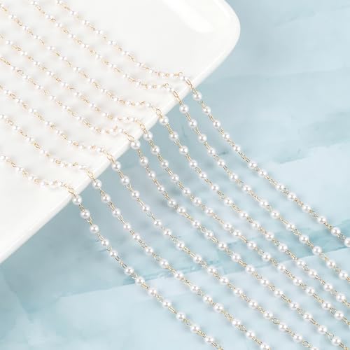 Lainballow 49Ft 3mm Pearl Beads Chain Faux Pearl Beads for Crafts Pearls Garland with Gold Plated Stainless Steel Link Chain Artificial Pearls Chain Trim for Bracelet Necklace Wedding Christmas Party