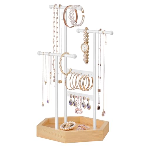 SONGMICS Jewelry Holder, Jewelry Organizer, 3 Tiers and 1 Tray, Jewelry Display Stand with Metal Frame, Necklace Earring Bracelet Holder, for Rings, Matte White and Natural Beige UJJS03NW - color: Matte White + Natural Beige, size: 1 Pack