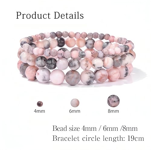 3Pcs Healing Crystal Turquoise Bracelets for Women Men 8mm 6mm 4mm Natural Stone Beaded Stretch Bracelet Jewelry Gifts for Women Girl - color: T5-Pink Zebra Jasper