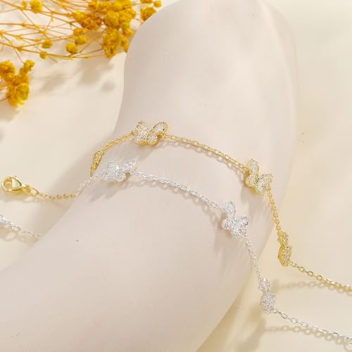 KOHOTA Silver Gold Bracelets for Women Trendy 14K Gold Plated Bracelet for Women Non Tarnish Dainty Stackable Clover Flower Heart Butterfly Diamond CZ Charm Station Bracelets Stack Jewelry Gifts - color: F: Butterfly-Gold