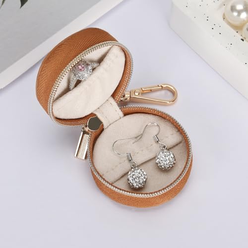 KUKUVR Jewelry Ring Holder Box with Keychain, Portable Gym Jewelry Storage Box Case, Small Travel Ring Earring Stud Necklace Storage Case (Brown) - color: Brown