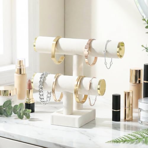 Coward 2 Tier Bracelet Holder Stand, Necklace Bangle Bracelet Watch Display Rack, Jewelry Hairband Scrunchie Organizer Storage Tower for Women (Beige Velvet) - color: Beige