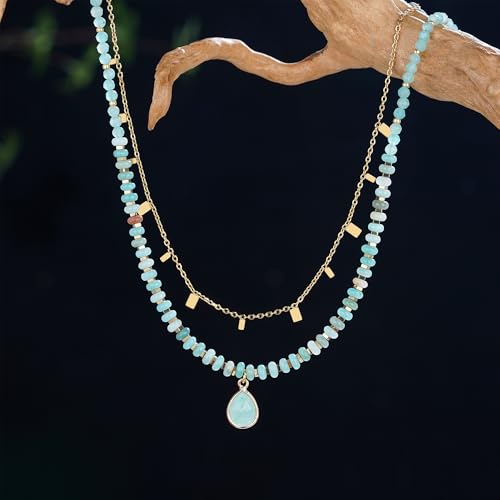 Plumiss Boho Handmade Natural Jasper Stone Beaded Crystal Mixed Strand Short Necklace for Women Girl - color: Amazonite Charm